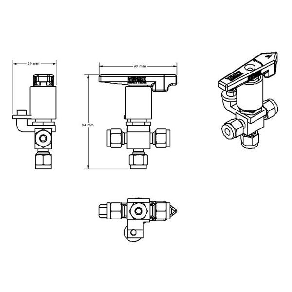 3Way Spring Return Valve Drawing, Showing measurements and sizing.