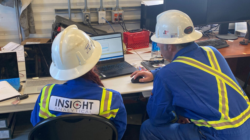 Service technicians looking at data and processes on a laptop.