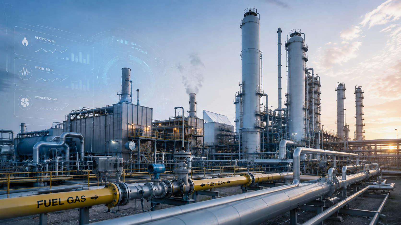 Industrial facility with fuel gas piping and digital indicators for heating value, Wobbe Index and combustion air.