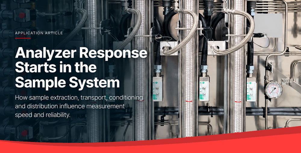 Industrial analyzer sample system with flowmeters, tubing, valves and instrumentation illustrating how sample system design affects analyzer response.